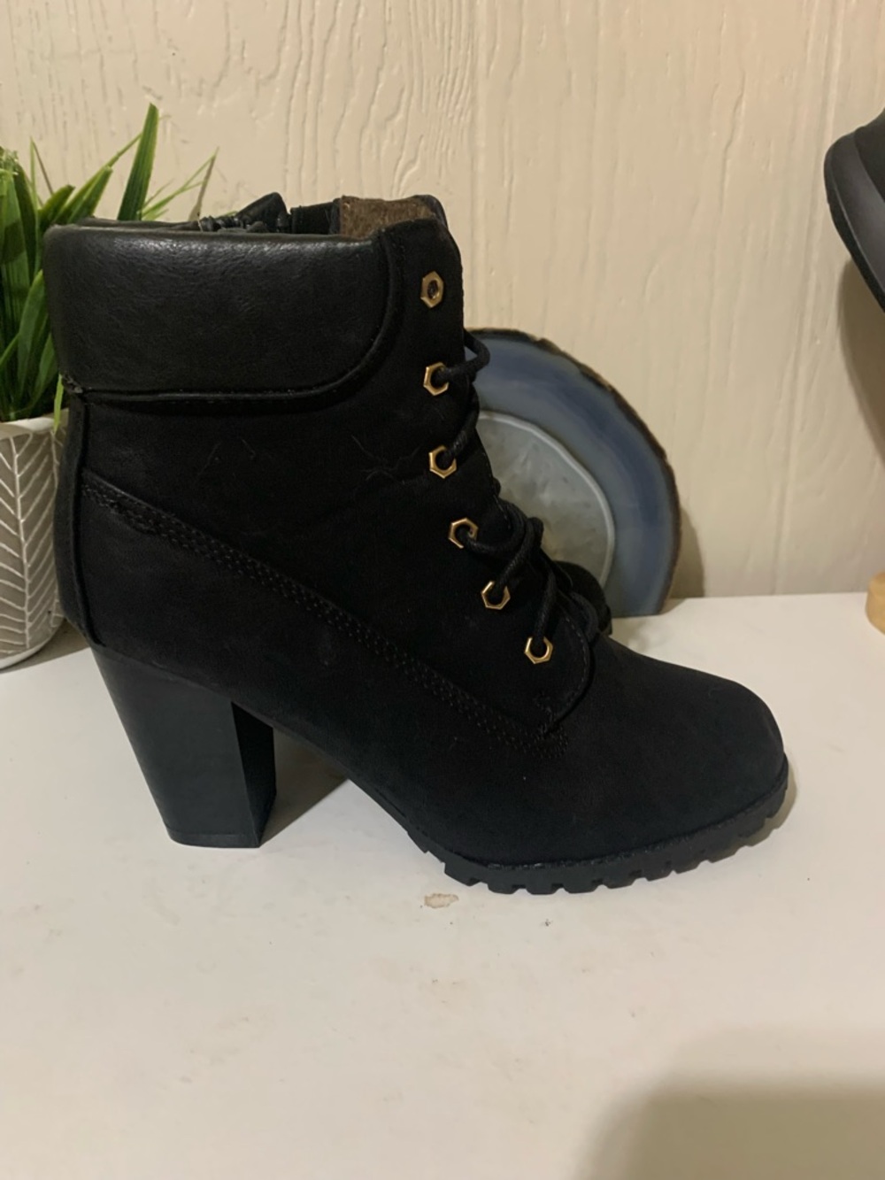 BELLAMI Black Lace-Up Block Heel Ankle Boots with Gold Eyelets